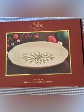 Lenox Holiday Bless This Home Tray 11” Holly Berry Mistletoe Christmas New